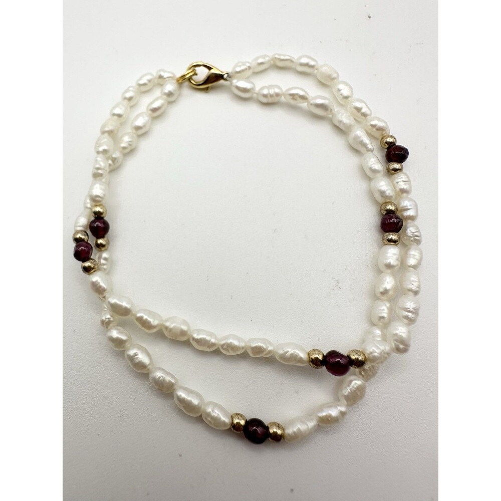 Vintage White Rice Pearls Garnet Beads Bracelet Double Strand 7.5”